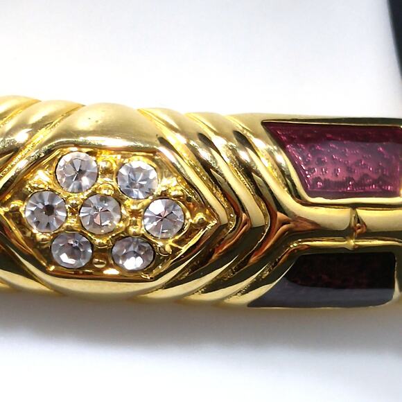 Joan Rivers Gold Plated Red Enamel Rhinestone Hinged Bracelet Vintage Jewelry - Picture 5 of 9